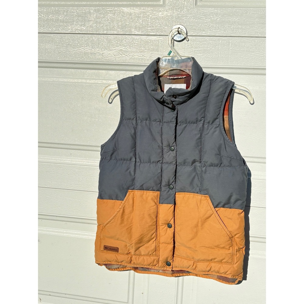 Columbia Puffer Vest Womens Medium Grey Yellow Colorblock Flannel Lined Quilted